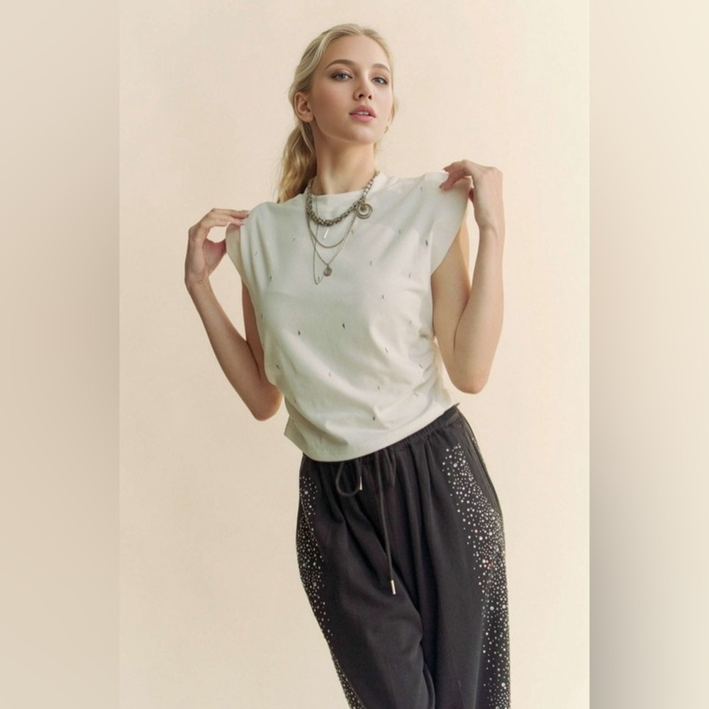 🔵285B. Jeweled Mock neck Top - White